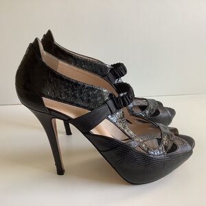 Escada Black Leather Peep-Toe Stiletto Heels, Beautiful EUC! Size 38.5